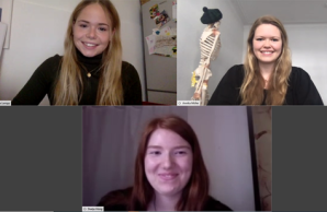 Screenshot einer Videkonferenz der drei Stipendiaten mit einer Lehrkraft aus der Physiotherapie