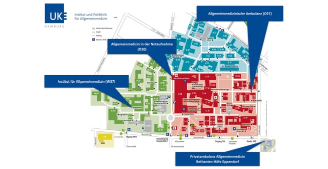 Zeigt Lageplan des UKE mit den Standorten der Allgemeinmedizin